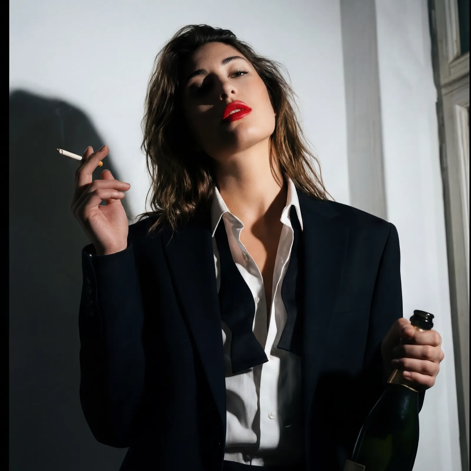 Modelo con traje oscuro y camisa blanca fumando, con labios rojos