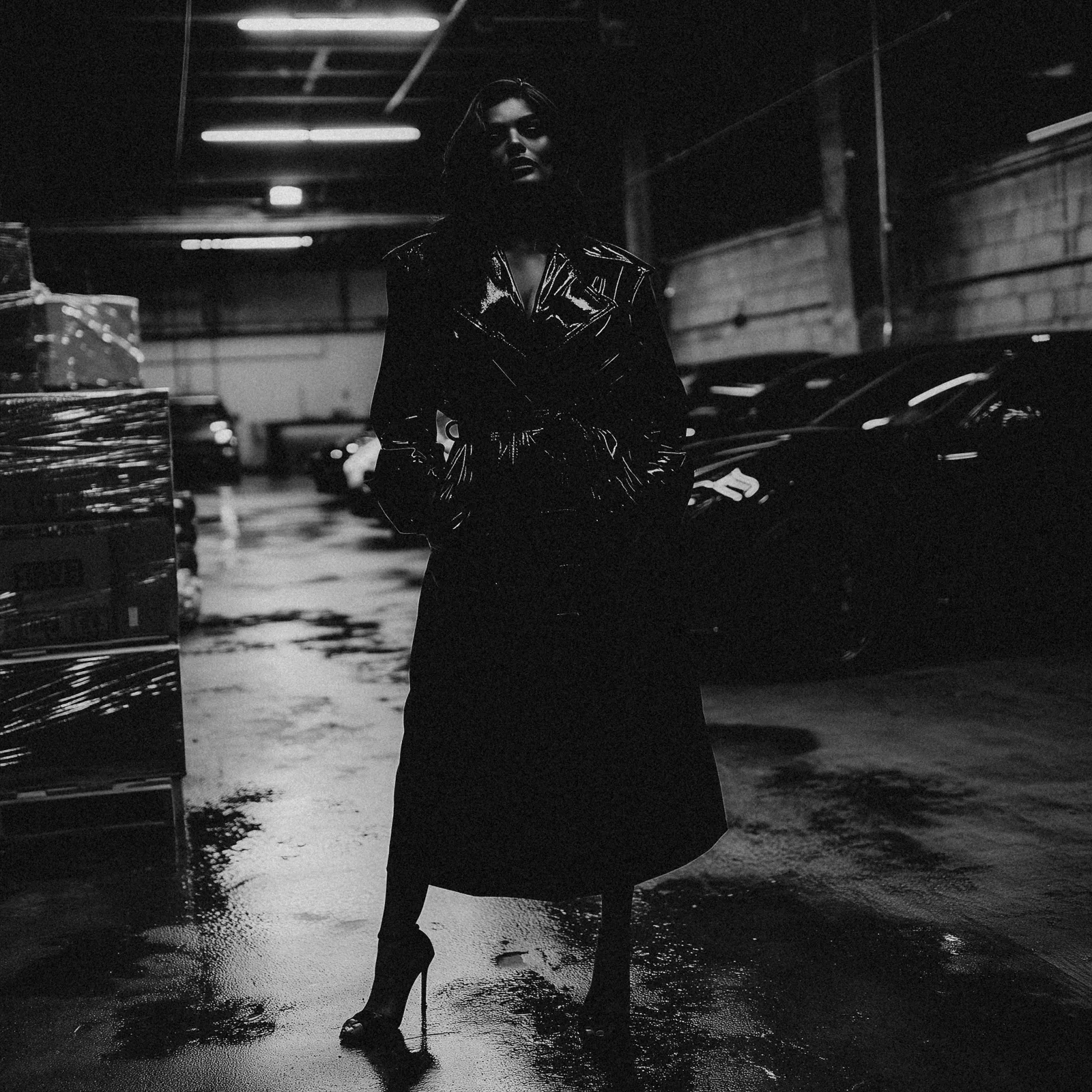 Modelo con abrigo de charol negro en un aparcamiento industrial, blanco y negro